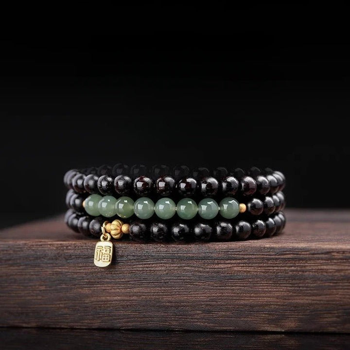 Serene Guardian Triple Wrap Sandalwood Bracelet - Good Fortune &amp; Balance - Green Jade Style