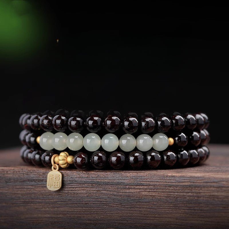 Serene Guardian Triple Wrap Sandalwood Bracelet - Good Fortune & Balance - front view shot