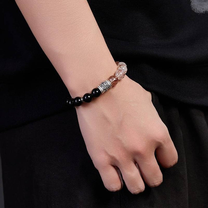 Six Syllable Mantra Black Obsidian And Crystal Bracelet - Protection &amp; Transformation - on-wrist wearing display