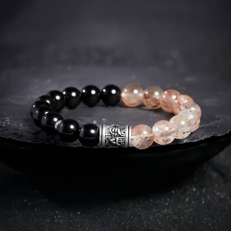 Six Syllable Mantra Black Obsidian And Crystal Bracelet - Protection & Transformation - prop-styled shot