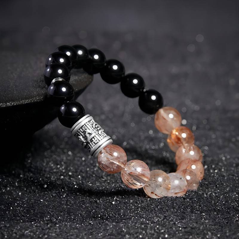 Six Syllable Mantra Black Obsidian And Crystal Bracelet - Protection & Transformation - side view staged shot