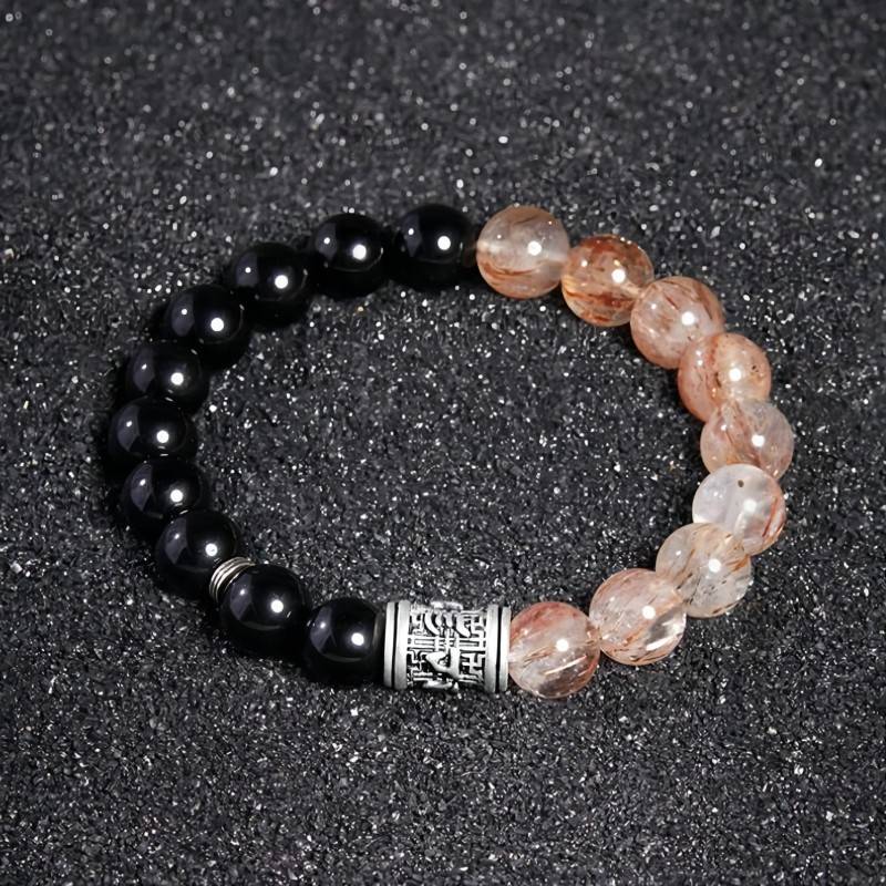 Six Syllable Mantra Black Obsidian And Crystal Bracelet - Protection &amp; Transformation - top view staged shot
