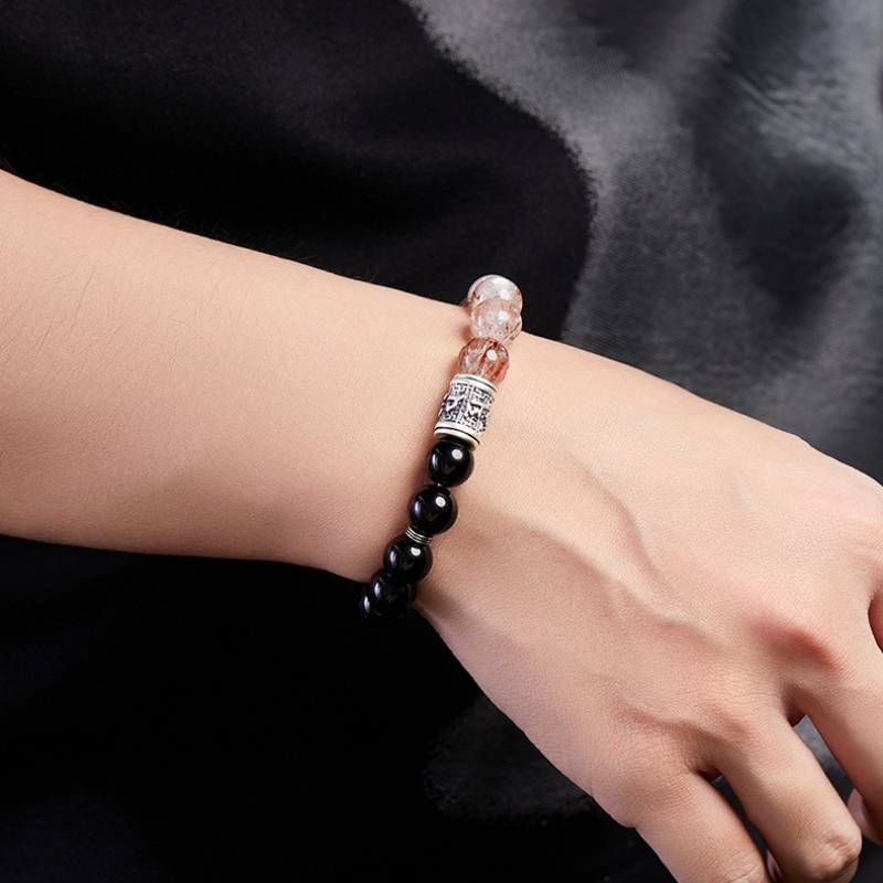 Six Syllable Mantra Black Obsidian And Crystal Bracelet - Protection &amp; Transformation - on-wrist wearing display