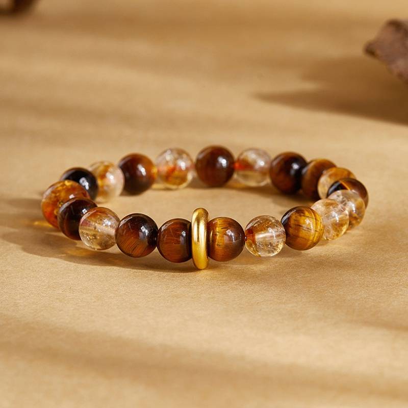Tiger Eye & Citrine Wealth and Protection Bracelet - Grounding & Abundance - shot focus on gold plate sliver master bead