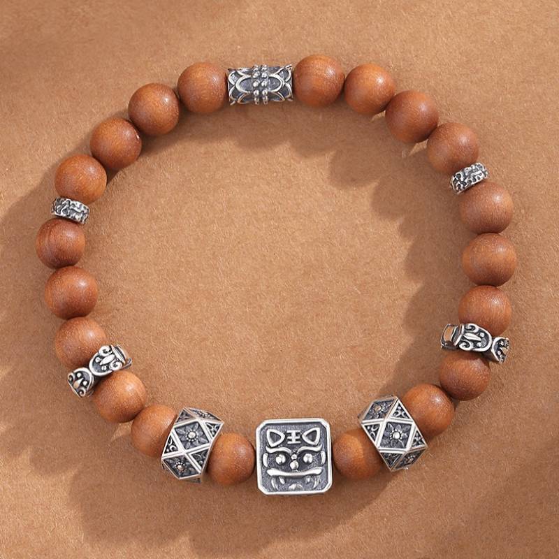Sterling Sliver Tiger Head Bead Sandalwood Bracelet - Clarity • Protection • Elegance - top view shot