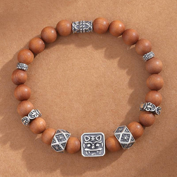 Sterling Sliver Tiger Head Bead Sandalwood Bracelet - Clarity • Protection • Elegance - top view shot