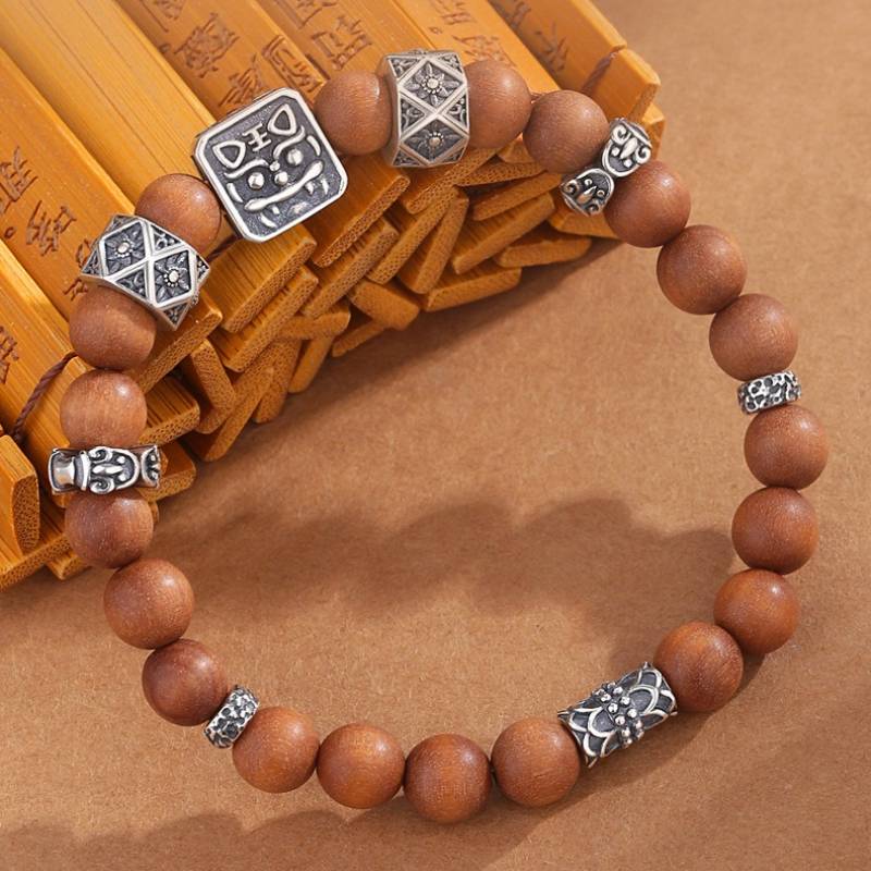 Sterling Sliver Tiger Head Bead Sandalwood Bracelet - Clarity • Protection • Elegance - prop-styled shot 2