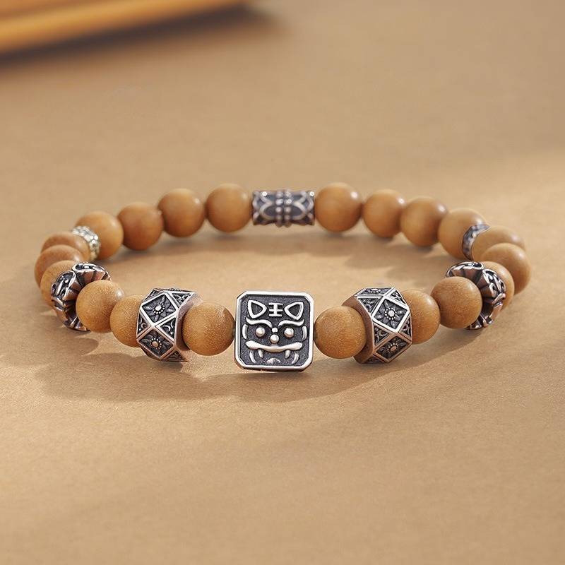 Sterling Sliver Tiger Head Bead Sandalwood Bracelet - Clarity • Protection • Elegance - staged shot