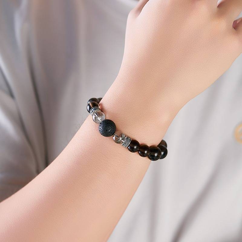 Titanium Soul Obsidian Bracelet - Grounding • Prosperity • Self - Mastery - On wrist wearing display
