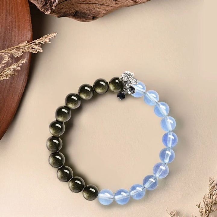 Tranquil Guardian Aquamarine &amp; Obsidian Bracelet - Good Fortune &amp; Serenity - Golden Obsidian+Aquamarine(10mm)