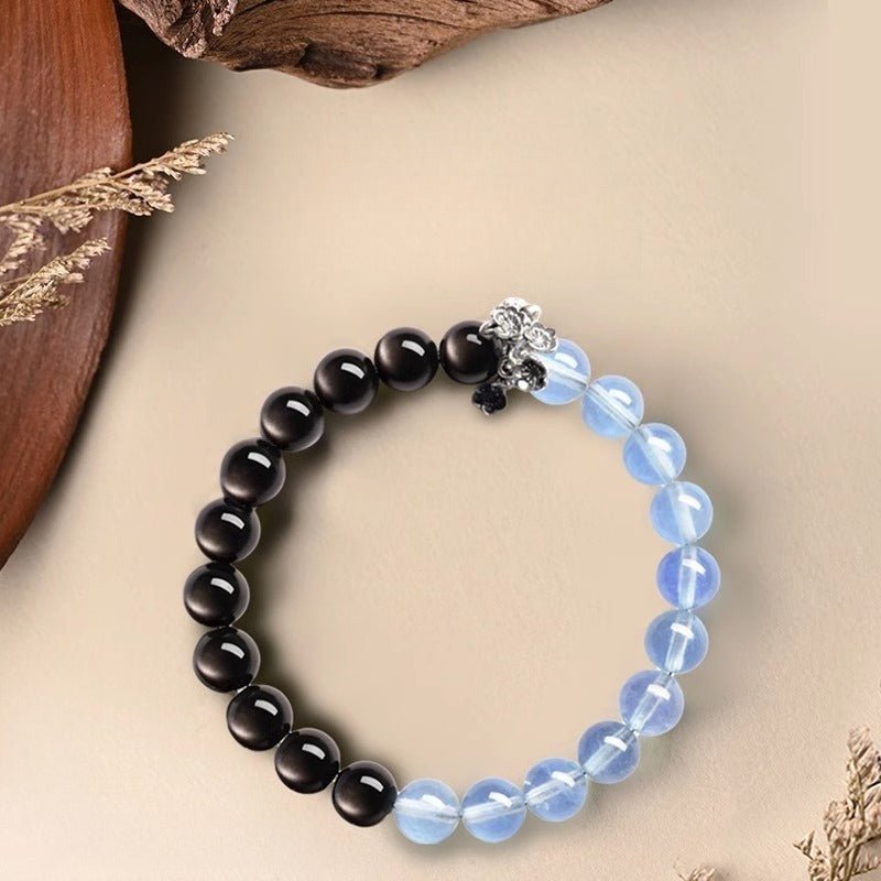 Tranquil Guardian Aquamarine &amp; Obsidian Bracelet - Good Fortune &amp; Serenity - Silver Obsidian+Aquamarine(8mm)