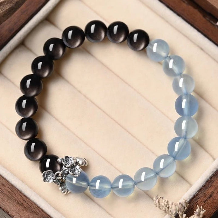 Tranquil Guardian Aquamarine &amp; Obsidian Bracelet - Good Fortune &amp; Serenity - Staged shot