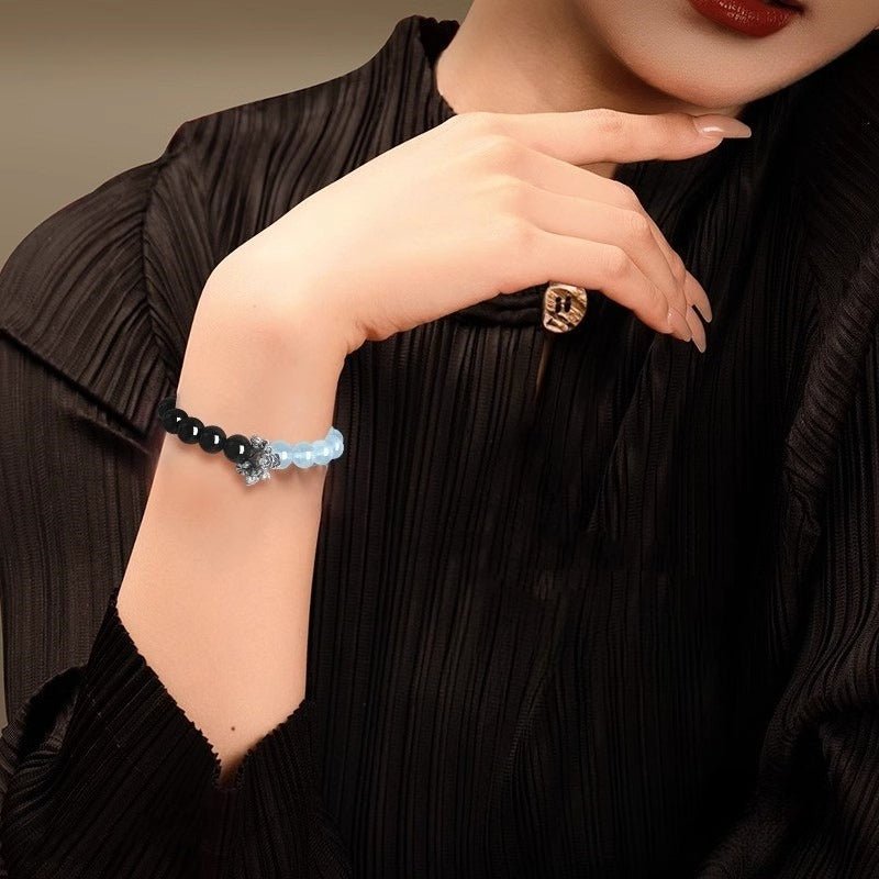 Tranquil Guardian Aquamarine &amp; Obsidian Bracelet - Good Fortune &amp; Serenity - On wrist wearing display