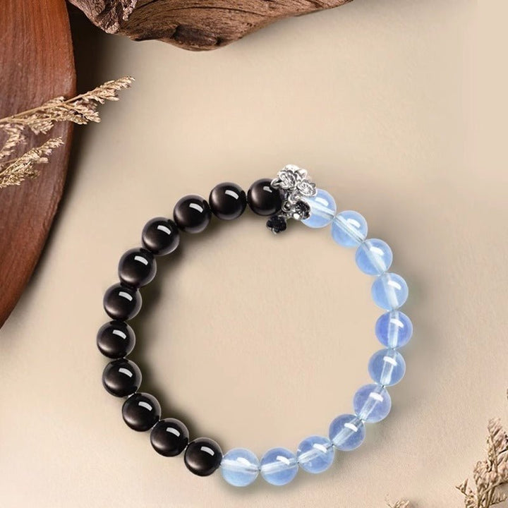Tranquil Guardian Aquamarine &amp; Obsidian Bracelet - Good Fortune &amp; Serenity - Silver Obsidian+Aquamarine(10mm)