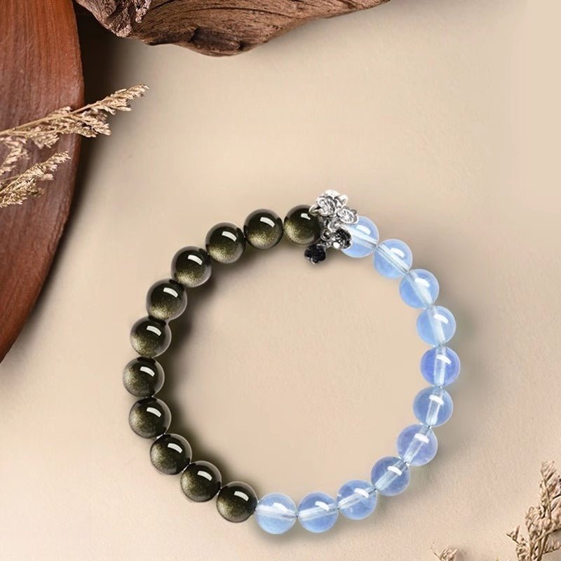 Tranquil Guardian Aquamarine &amp; Obsidian Bracelet - Good Fortune &amp; Serenity - Golden Obsidian+Aquamarine(8mm)