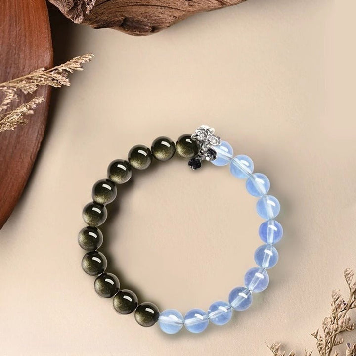 Tranquil Guardian Aquamarine &amp; Obsidian Bracelet - Good Fortune &amp; Serenity - Golden Obsidian+Aquamarine(6mm)