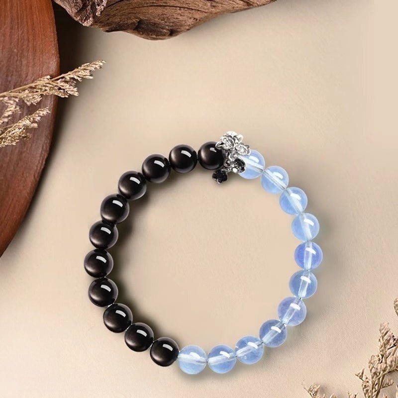 Tranquil Guardian Aquamarine &amp; Obsidian Bracelet - Good Fortune &amp; Serenity - Silver Obsidian+Aquamarine(6mm)