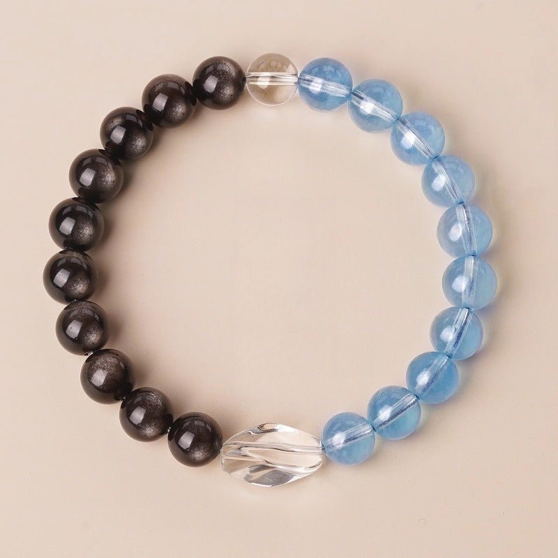Tranquil Guardian Aquamarine & Silver Sheen Obsidian Bracelet With Optional Lucky Stone - Top view staged shot