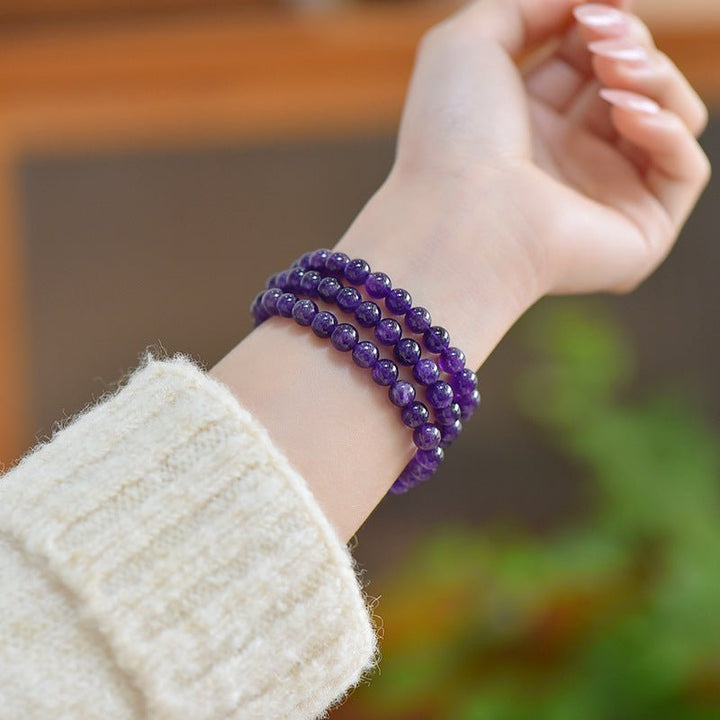 Uruguayan Amethyst Single - Strand Triple - Wrap Bracelet - Calm, Clarity &amp; Protection - on wrist