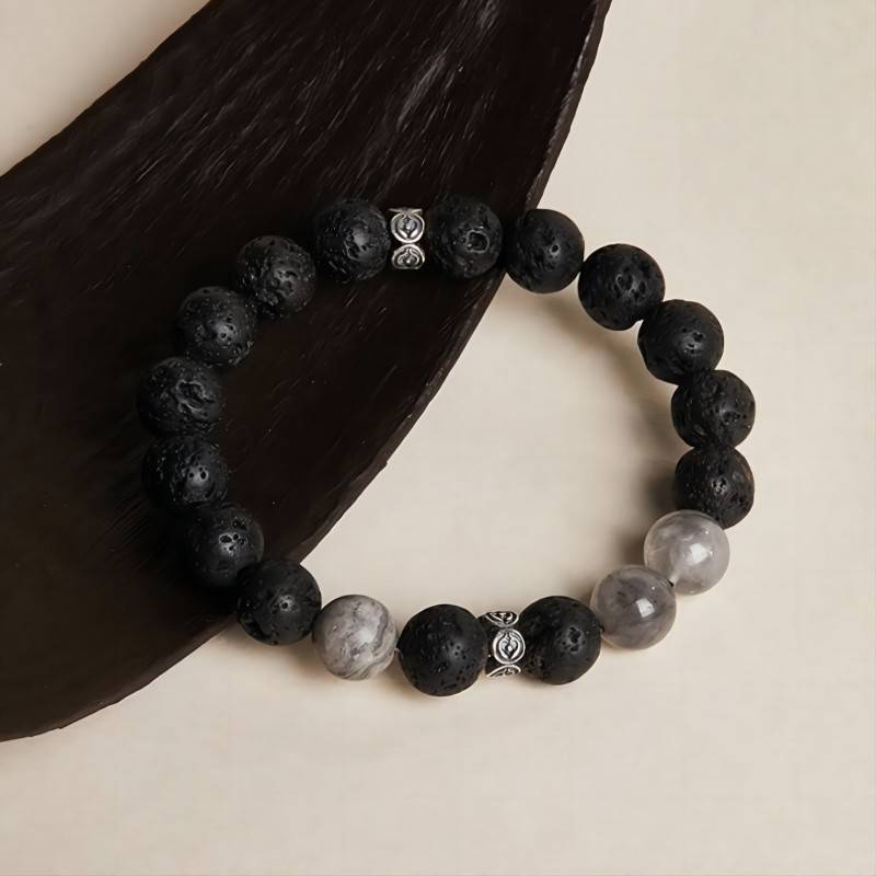 Volcanic Stone Bracelet With Map Stone & Silver Leaf - Clarity & Timelessness - top view staged shot