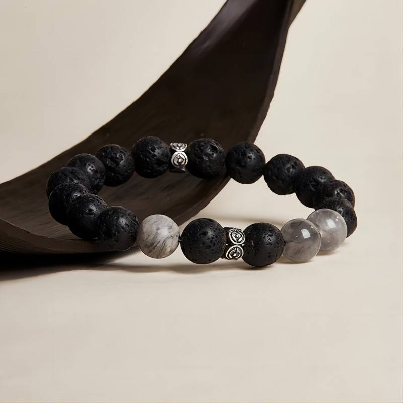 Volcanic Stone Bracelet With Map Stone & Silver Leaf - Clarity & Timelessness - front view staged shot