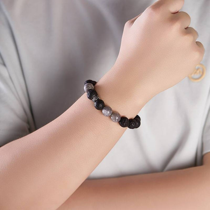 Volcanic Stone Bracelet With Map Stone &amp; Silver Leaf - Clarity &amp; Timelessness - on-wrist wearing display