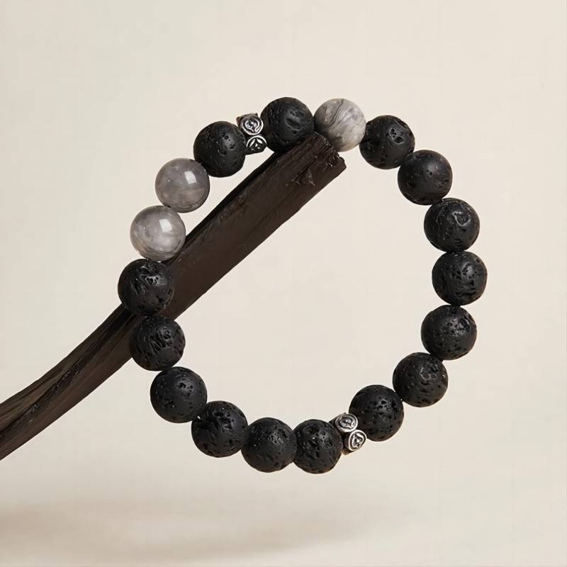 Volcanic Stone Bracelet With Map Stone &amp; Silver Leaf - Clarity &amp; Timelessness - front view prop-styled shot