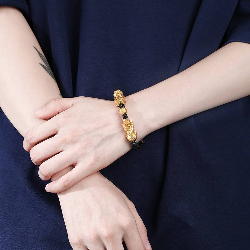 Wealth-Attracting Double Pi Yao Bracelet - Fortune &amp; Protection - gold tone on wrist