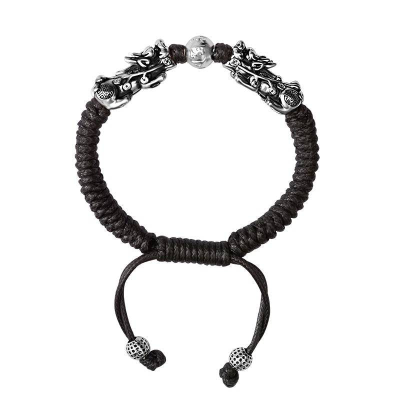 Wealth-Attracting Double Pi Yao Bracelet - Fortune &amp; Protection - silver tone with white backgoud