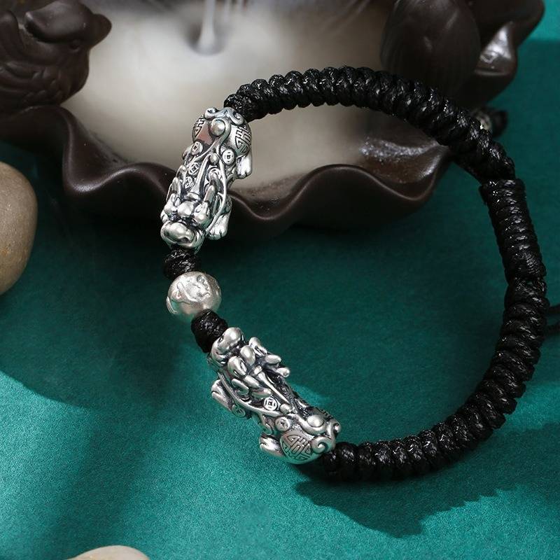 Wealth-Attracting Double Pi Yao Bracelet - Fortune &amp; Protection - prop styling of silver tone