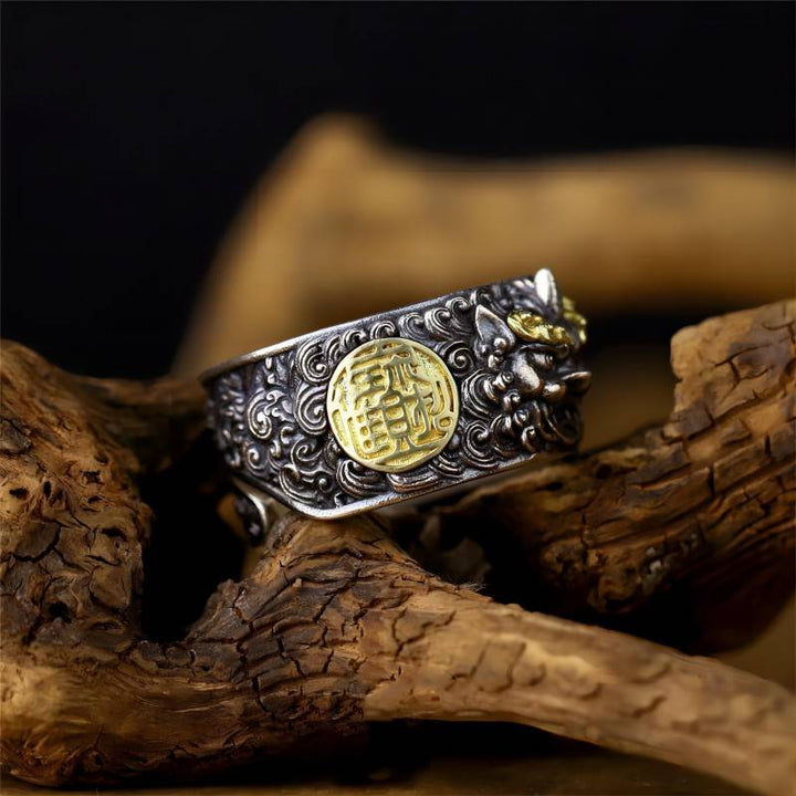 Wealth Attracting Pi Yao Charm Adjustable Ring - Good Fortune &amp; Safeguarding -  a staged shot of sterling silver ring