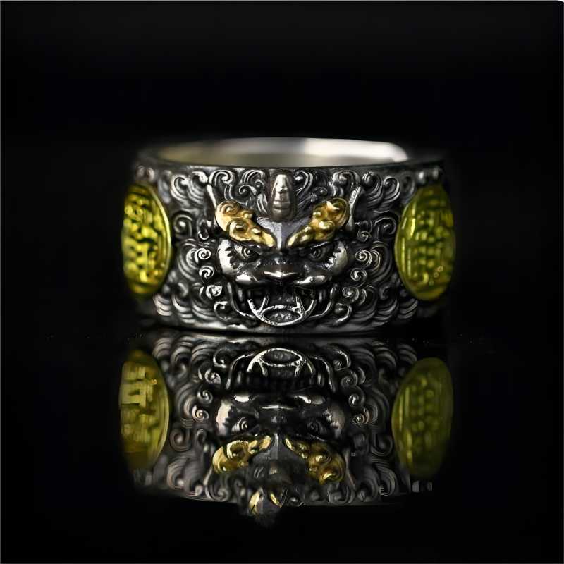 Wealth Attracting Pi Yao Charm Adjustable Ring - Good Fortune &amp; Safeguarding -  Sterling silver ring close-up shot of symbol