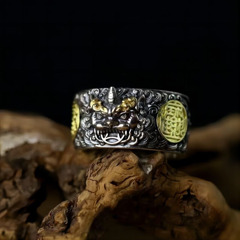Wealth Attracting Pi Yao Charm Adjustable Ring - Good Fortune & Safeguarding -  Sterling silver ring with Pixiu symbol