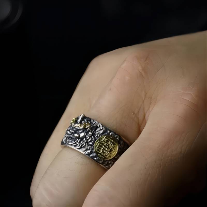 Wealth Attracting Pi Yao Charm Adjustable Ring - Good Fortune &amp; Safeguarding - Sterling silver ring worn on finger