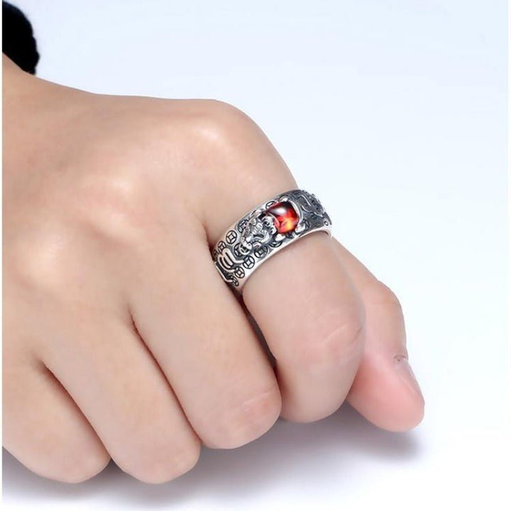 Wealth - Attracting Pixiu Ring With Sacred Mantra - Good Fortune &amp; Calm - on-wrist shot of the sterling sliver ring