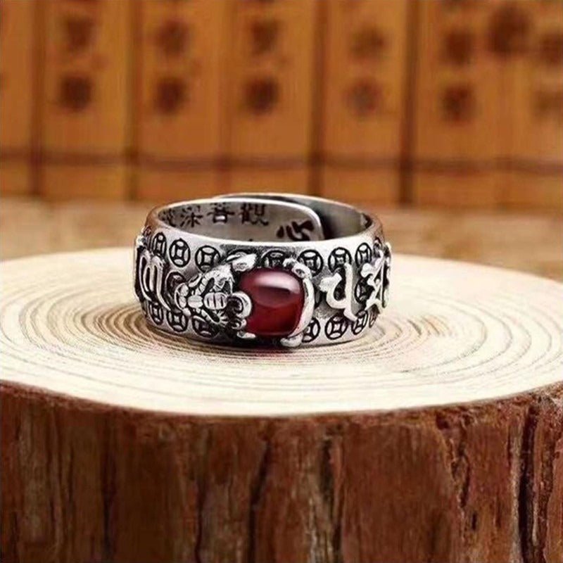 Wealth - Attracting Pixiu Ring With Sacred Mantra - Good Fortune & Calm - side view shot of the sterling sliver ring