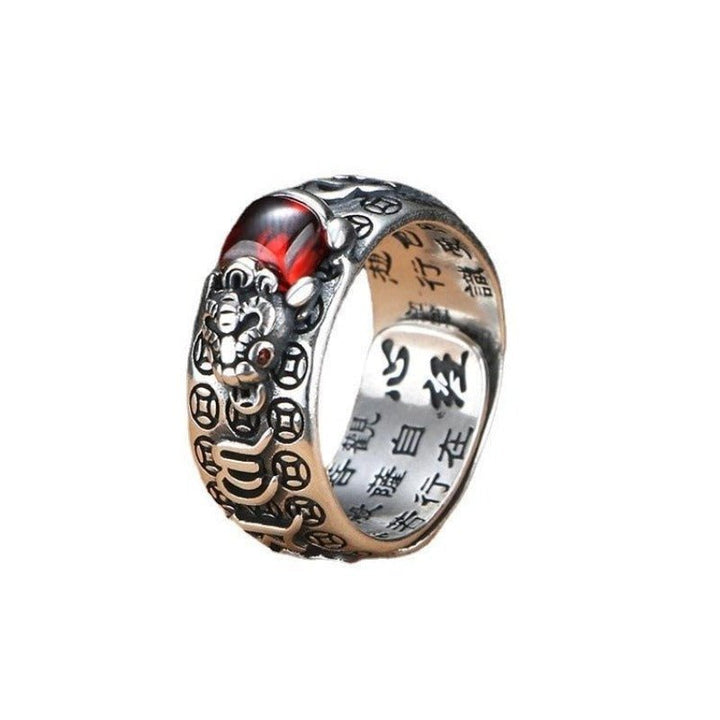 Wealth - Attracting Pixiu Ring With Sacred Mantra - Good Fortune &amp; Calm - close-up shot of the sterling sliver ring