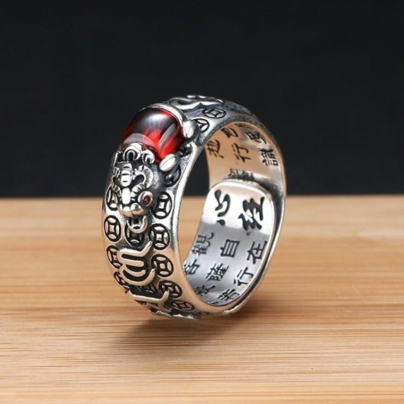 Wealth - Attracting Pixiu Ring With Sacred Mantra - Good Fortune & Calm - staged shot of the sterling sliver ring
