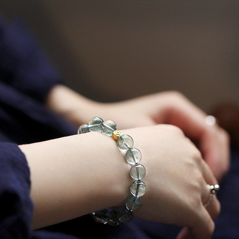 Wealth Attraction Green Phantom Quartz Bracelet With Gold - Plated Coin Charm - Prosperity &amp; Growth - On Wrist