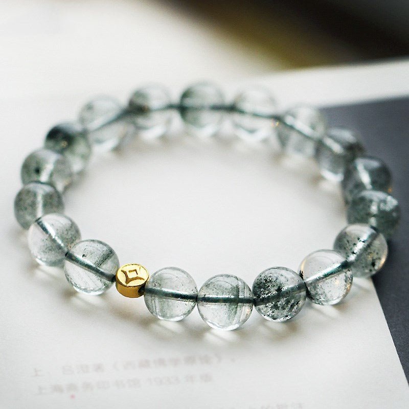 Wealth Attraction Green Phantom Quartz Bracelet With Gold - Plated Coin Charm - Prosperity & Growth - Staged Shot