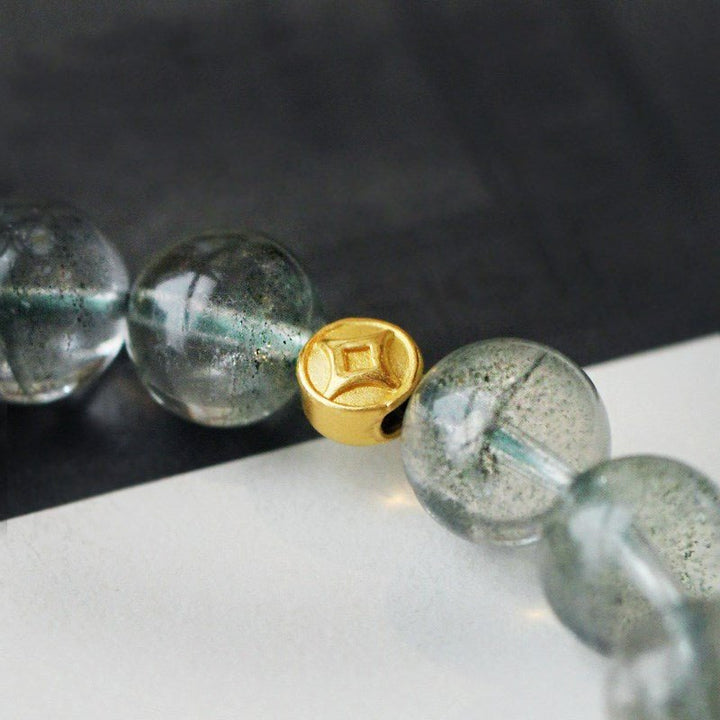 Wealth Attraction Green Phantom Quartz Bracelet With Gold - Plated Coin Charm - Prosperity &amp; Growth - Close Up Of  Charm