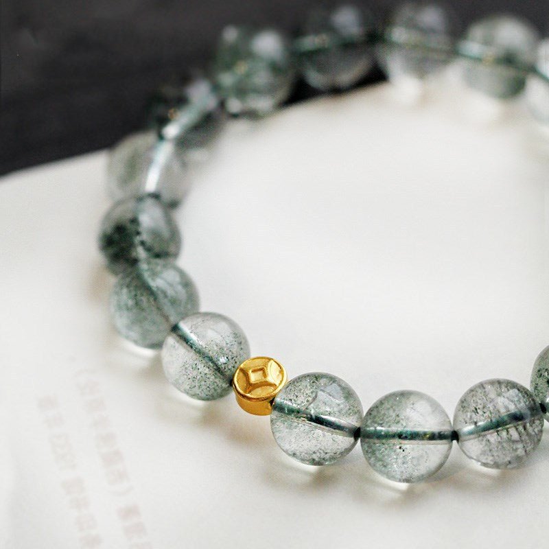 Wealth Attraction Green Phantom Quartz Bracelet With Gold - Plated Coin Charm - Prosperity &amp; Growth - Close Up Of  Beads