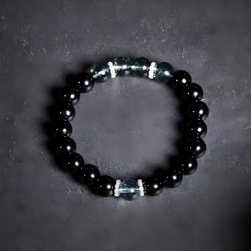 Wealth Attraction Obsidian Bracelet With Green Phantom Quartz - Top view staged shot phantom