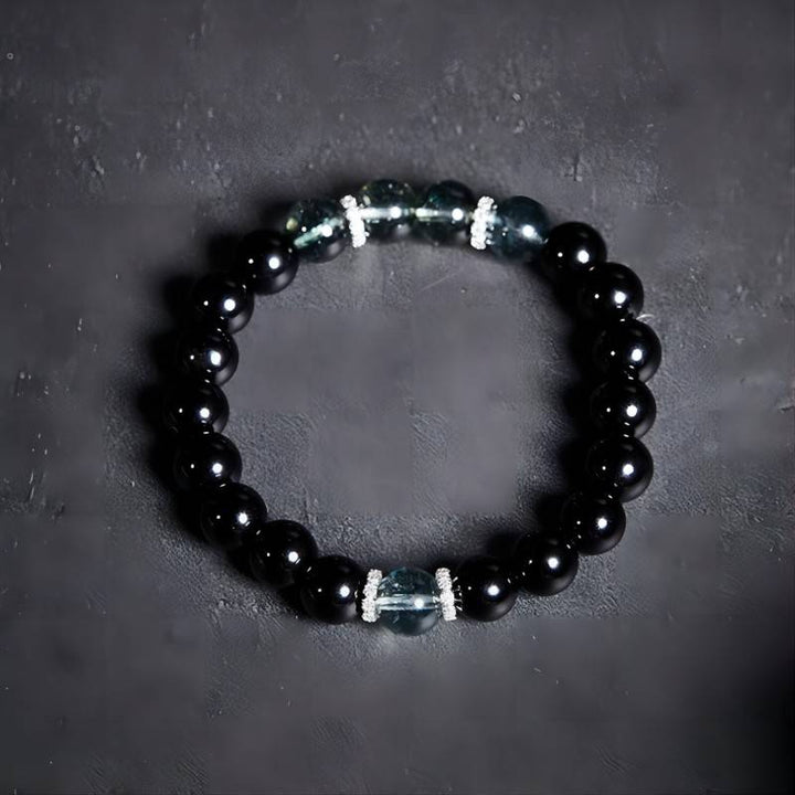 Wealth Attraction Obsidian Bracelet With Green Phantom Quartz - Top view staged shot phantom