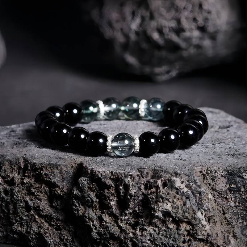 Wealth Attraction Obsidian Bracelet With Green Phantom Quartz - Front view prop styling shotgreen phantom