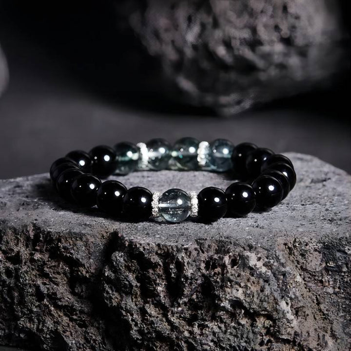Wealth Attraction Obsidian Bracelet With Green Phantom Quartz - Front view prop styling shotgreen phantom