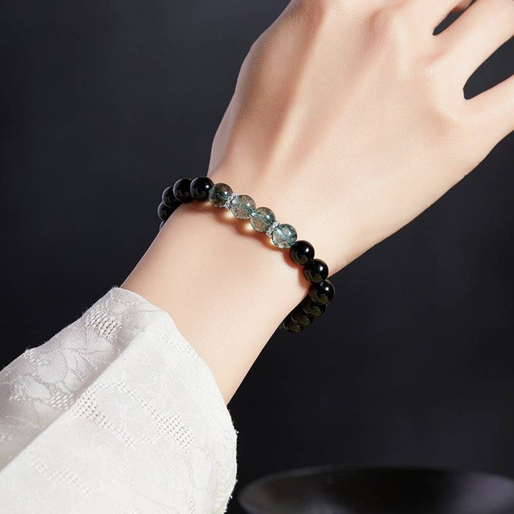 Wealth Attraction Obsidian Bracelet With Green Phantom Quartz - On wrist wearing display