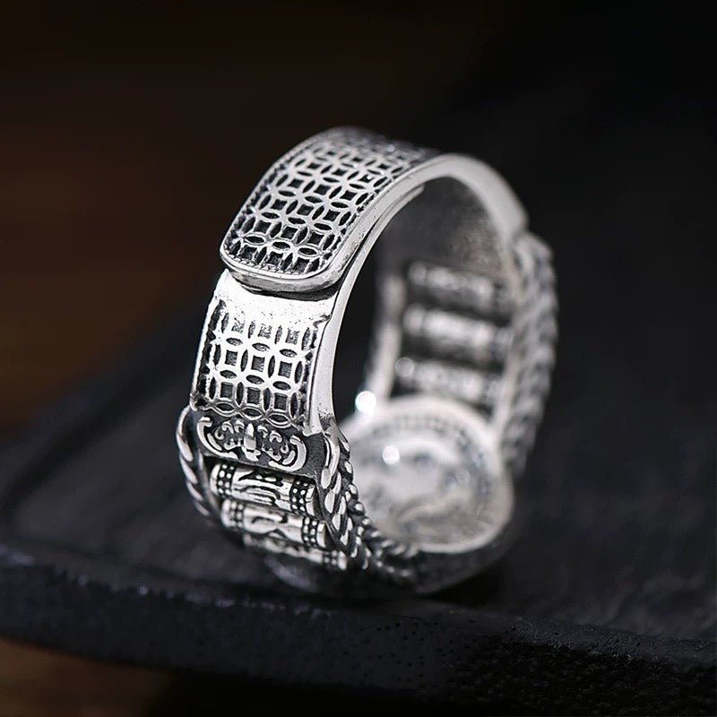 Wealth &amp; Blessing Yellow Jambhala &amp; Spinning Mantra Wheels Adjustable Ring - side view shot