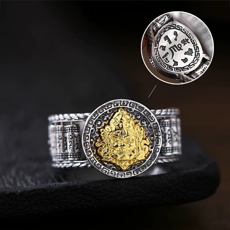 Wealth & Blessing Yellow Jambhala & Spinning Mantra Wheels Adjustable Ring - symbols detailed shot