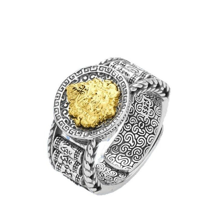 Wealth &amp; Blessing Yellow Jambhala &amp; Spinning Mantra Wheels Ring - Sterling silver adjustable ring with engraved symbols